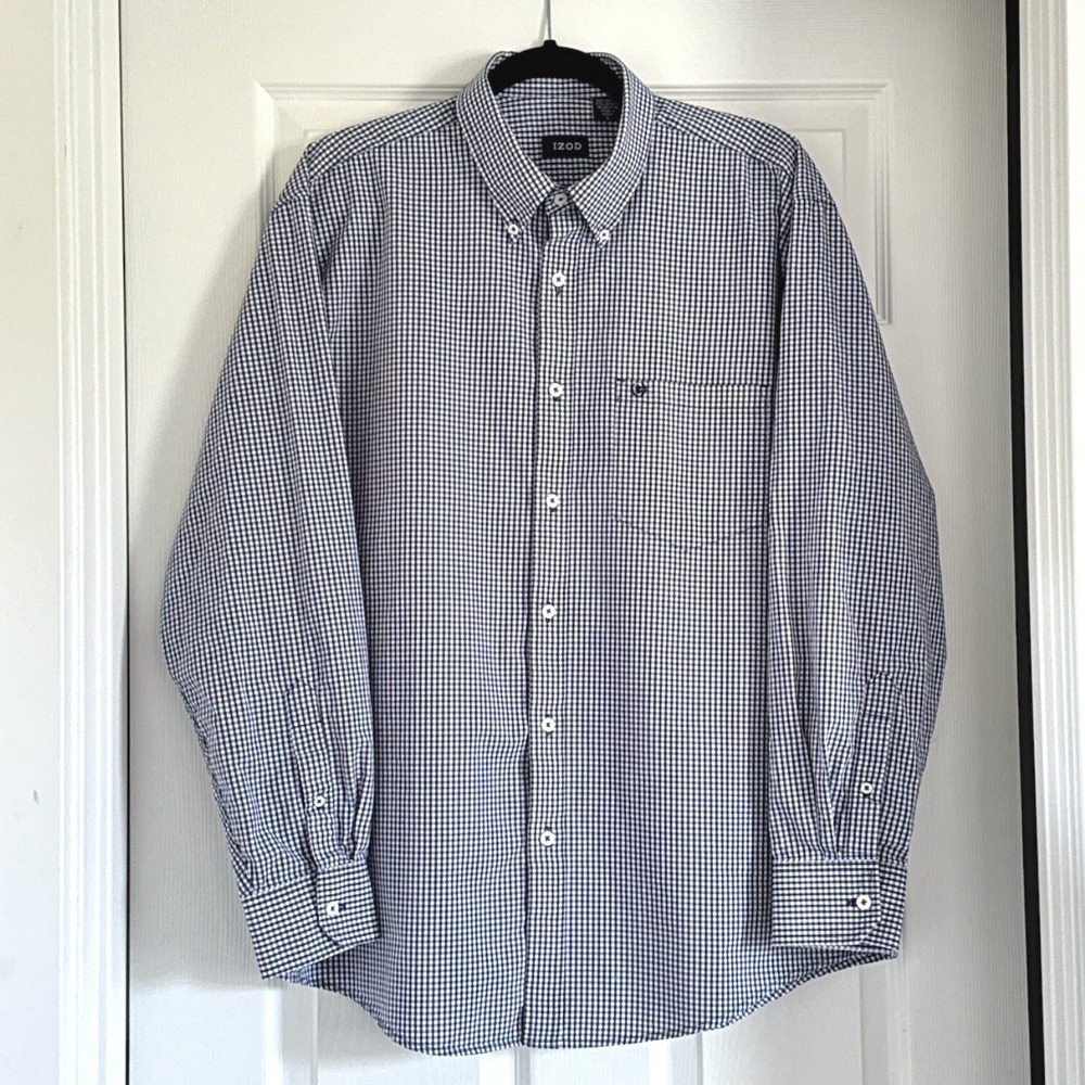 IZOD Gingham Button Down Long Sleeve Dress‎ Shirt Classic Fit Mens L Blue White